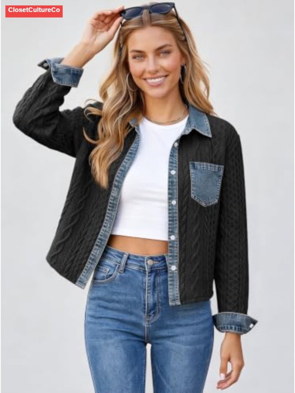 Cropped Collared Bomber Jacket Cable Knit Shacket Button - Picture 2 of 6